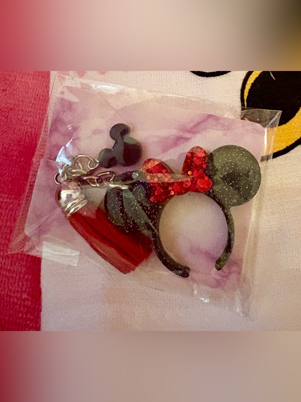 Girls Glitter Minnie Ear Keychain Accessory in Red and Black